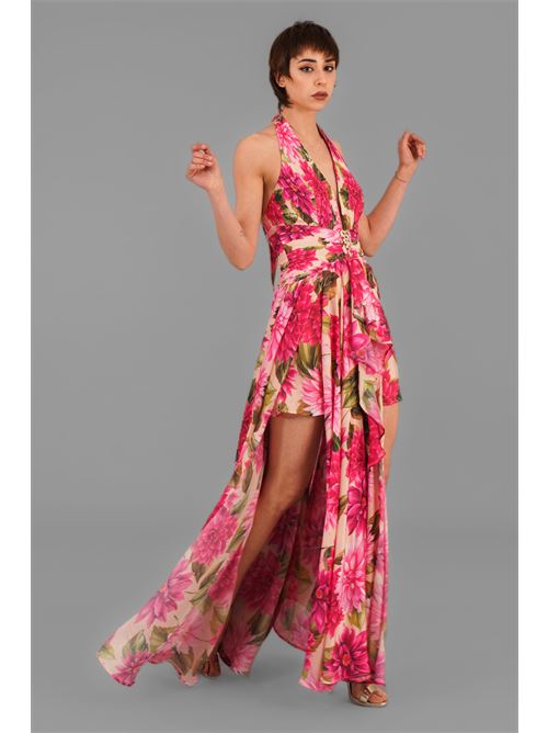 Abito in raso fantasia Babylon | S00886FIORE FUXIA